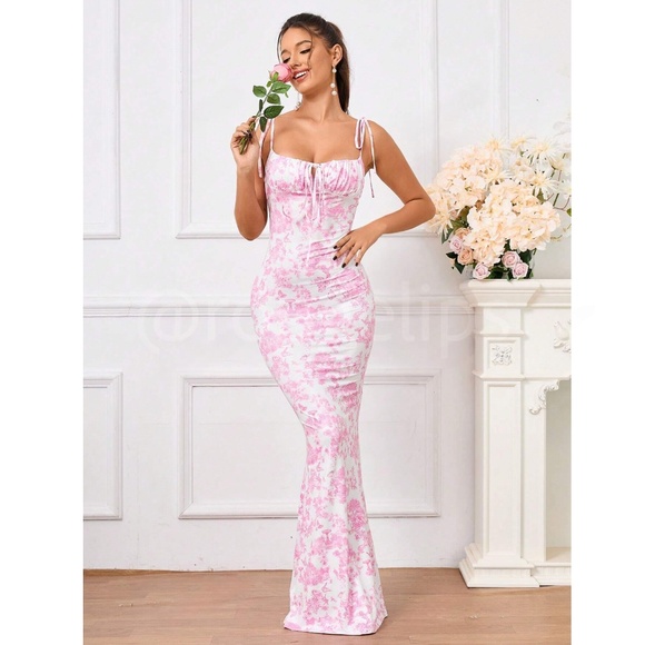Floral Print Pink on White Long Dress Sheath, Drawstring Ties Maxi Stretchy - Picture 1 of 15